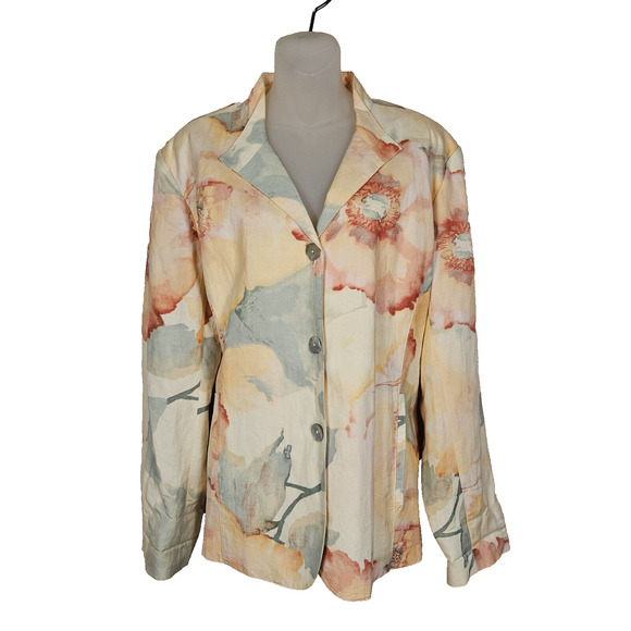 VTG Chicos 3 Linen Blend Floral Watercolor Blazer Lagenlook Pastel Art Jacket 16 - Picture 2 of 10